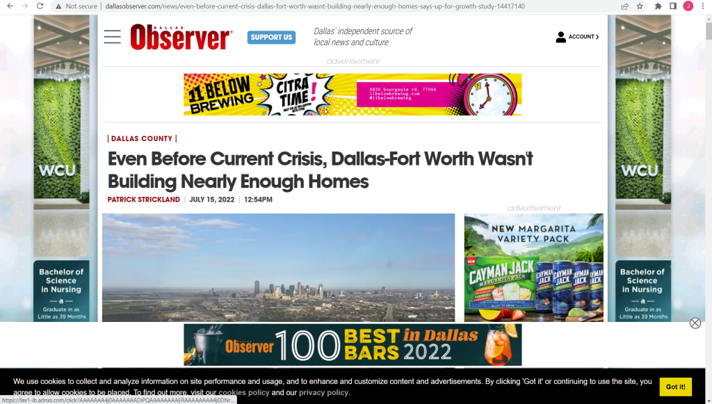 Dallas observer article with numerous banners and ad images. 