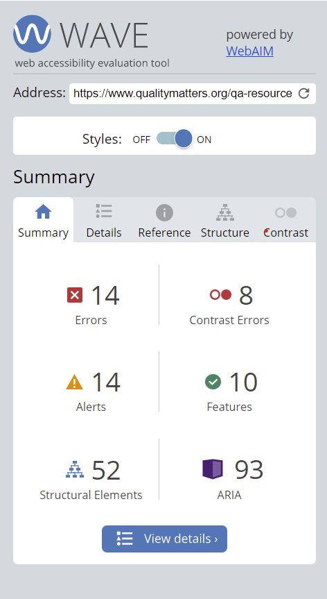 QM WAVE report showing the number of errors, alerts, features, structural elements, and ARIA.